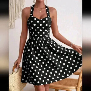 Polka Dot Print Tie Backless Halter Dress